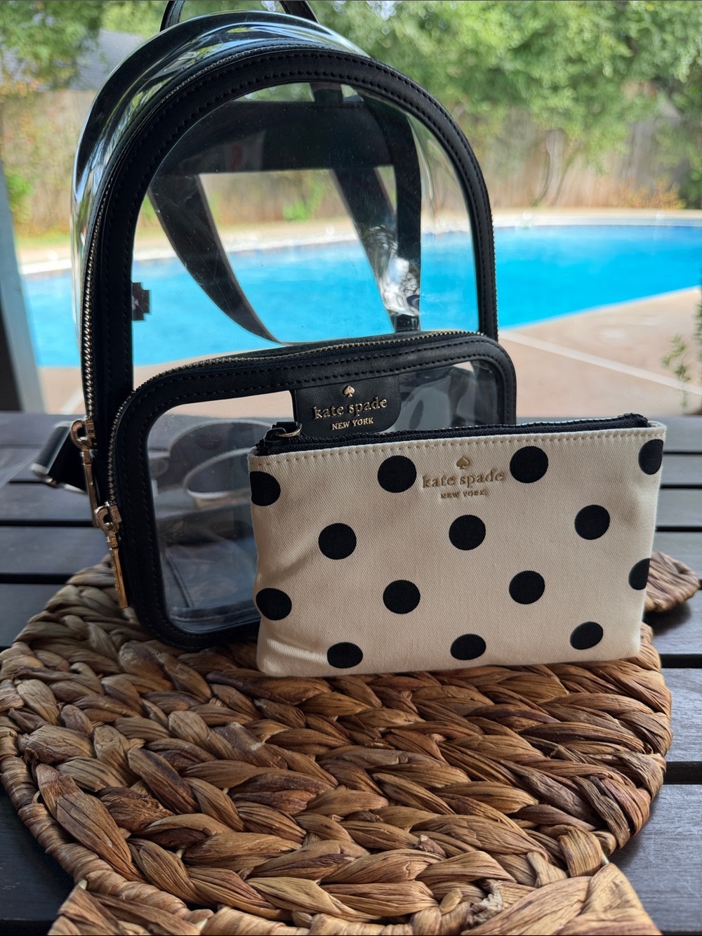kate spade Clare Clear Black Stadium Backpack with White Polka Dot Pouch NWOT